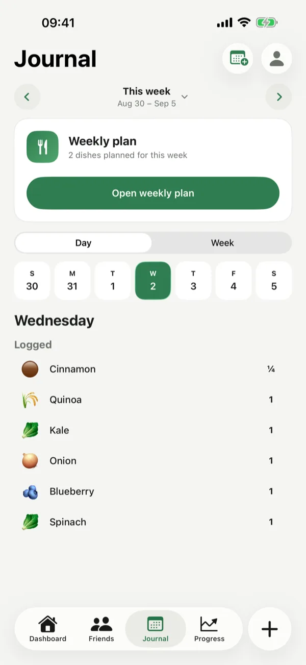 The journal with the weekly plan and the plants logged today.